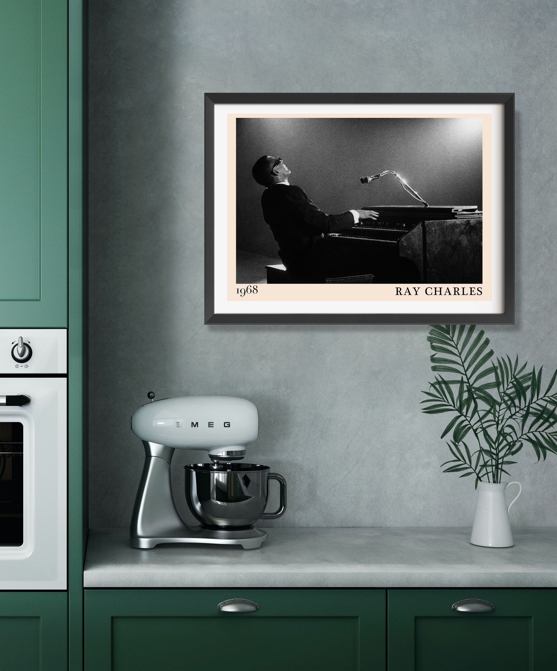 Ray Charles Iconic Jazz Concert Poster in landscape 22 mount, framed on a modern kitchen wall above countertop decor and mixe