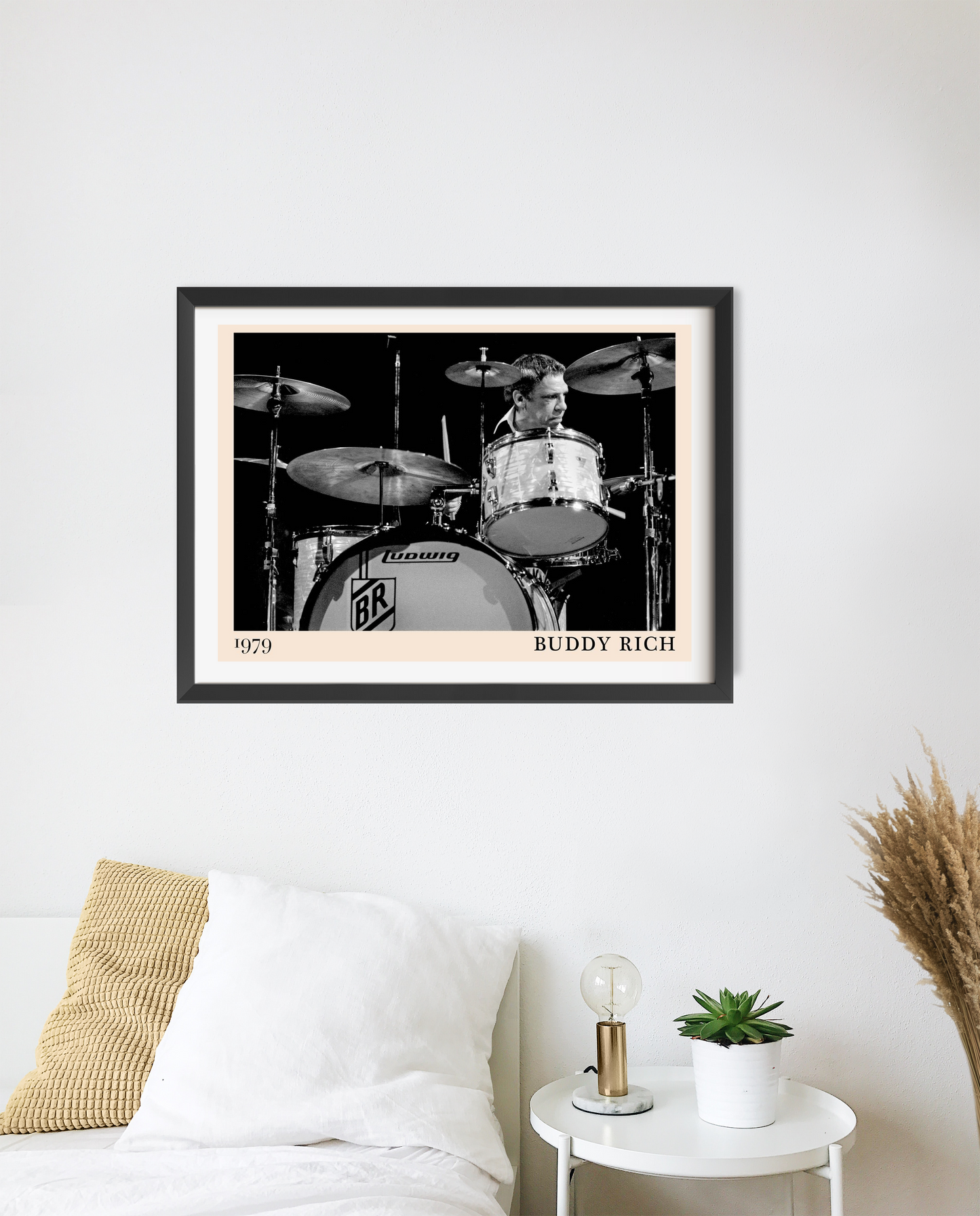 Buddy Rich Jazz Concert Print in landscape 20 mount mockup above a modern bed, monochrome drummer design, minimalist decor