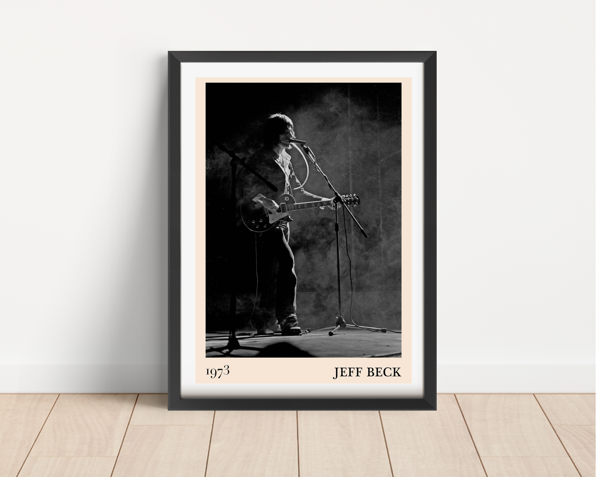Jeff Beck Rock Concert Poster in portrait main on white wall, black and white 1973 guitar stage design.