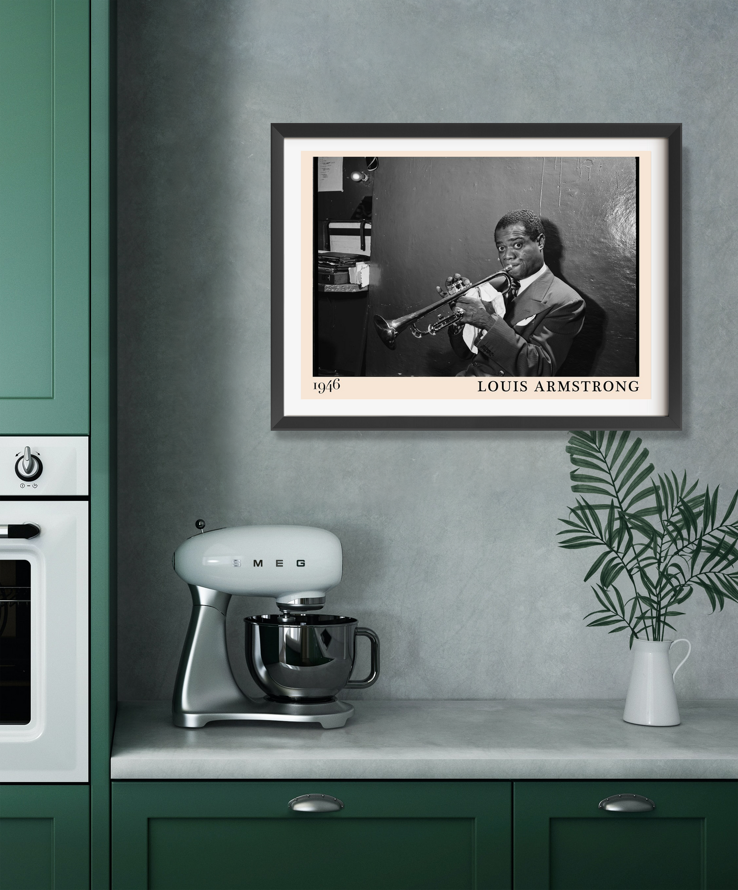 Louis Armstrong vintage jazz poster in landscape 22 mount mockup, black and white design above green kitchen counter decor.