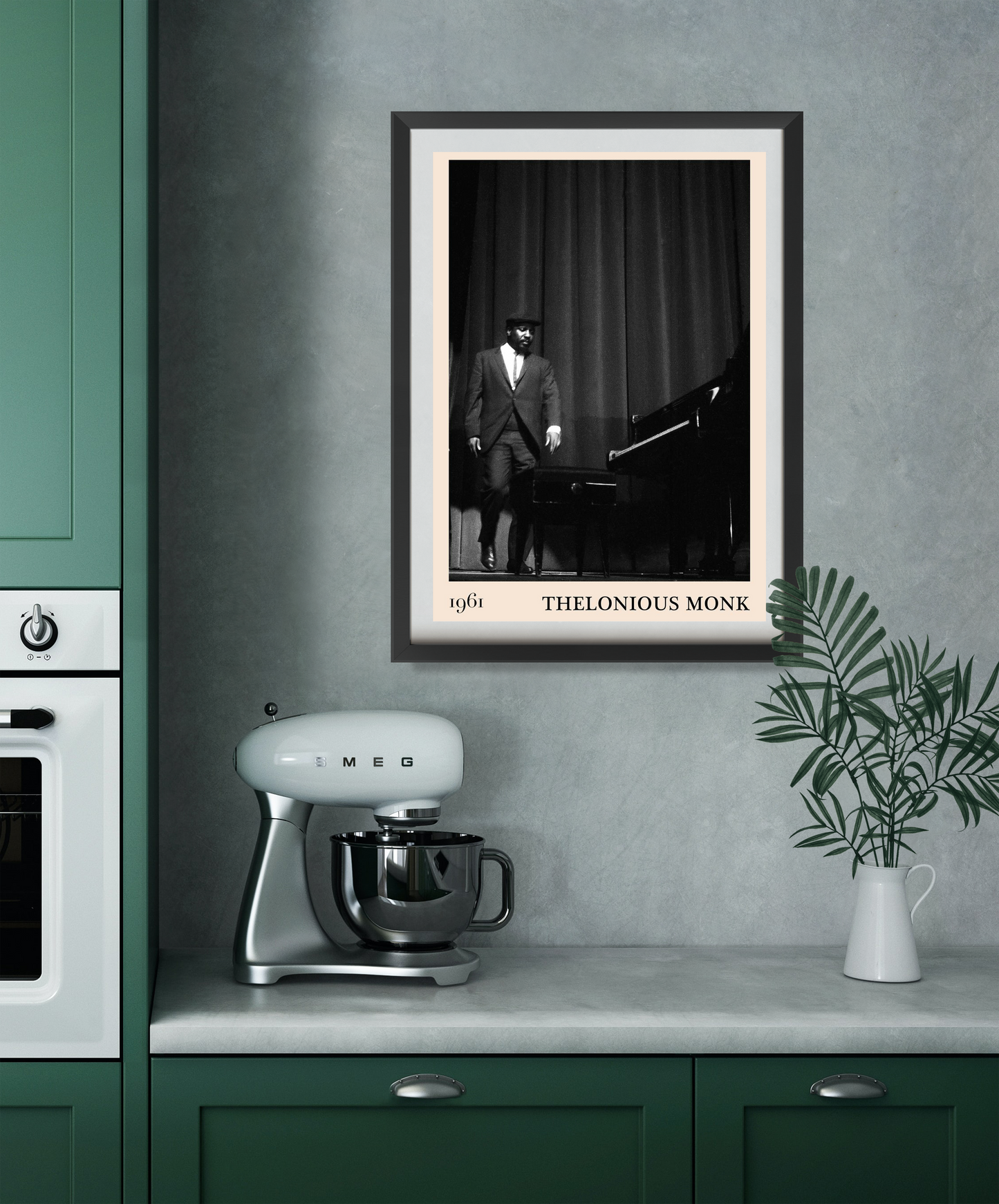 Thelonious Retro Jazz Poster in black frame displayed on kitchen wall, vintage jazz design with pianist and classic typograph