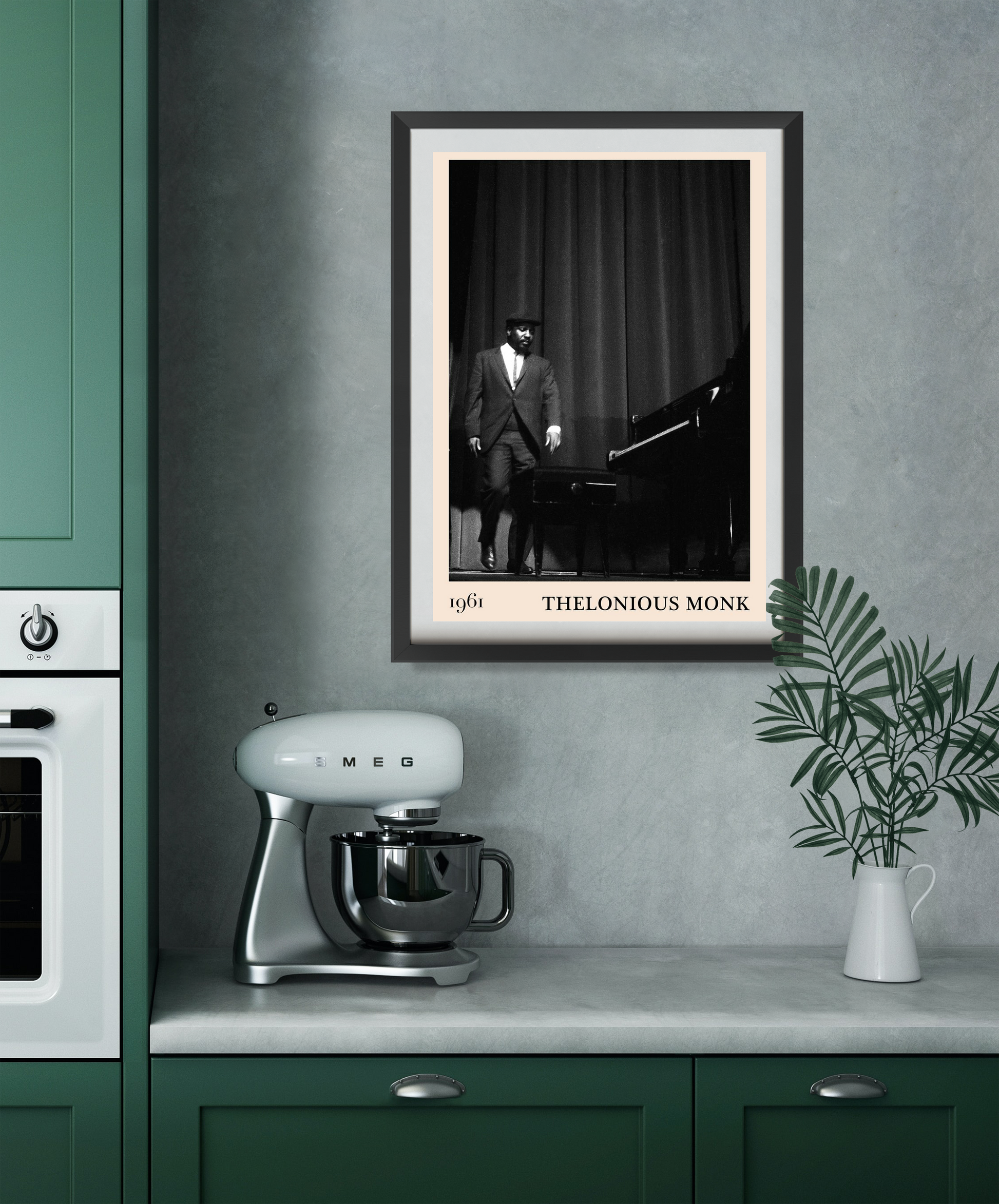Thelonious Retro Jazz Poster in black frame displayed on kitchen wall, vintage jazz design with pianist and classic typograph