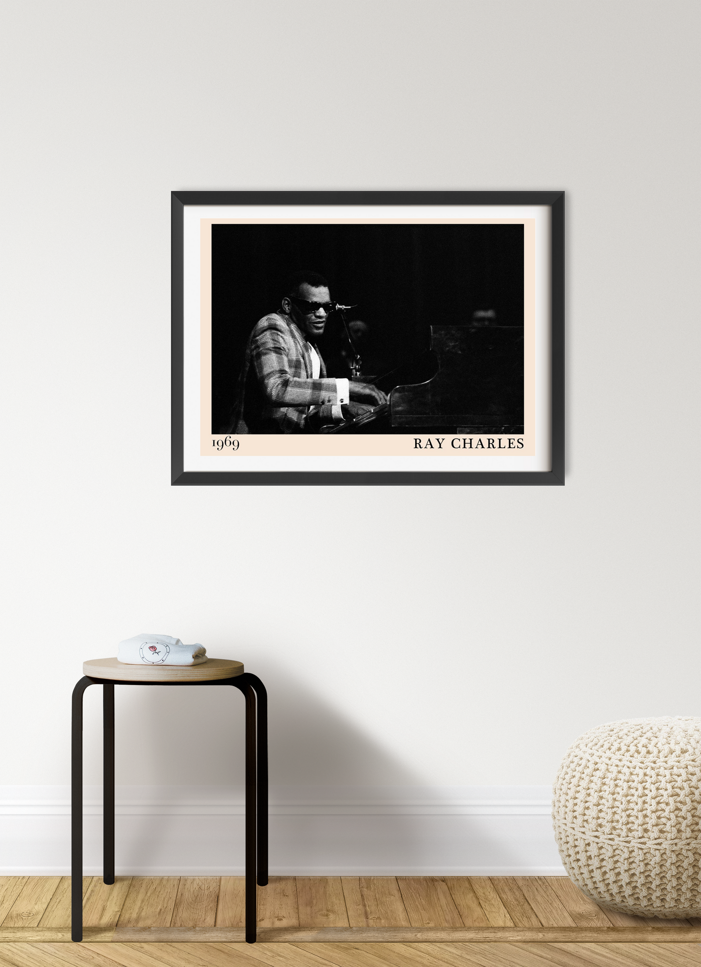 Ray Charles Jazz Concert Poster in Landscape 7 Mount mockup, black and white design framed on modern living room wall