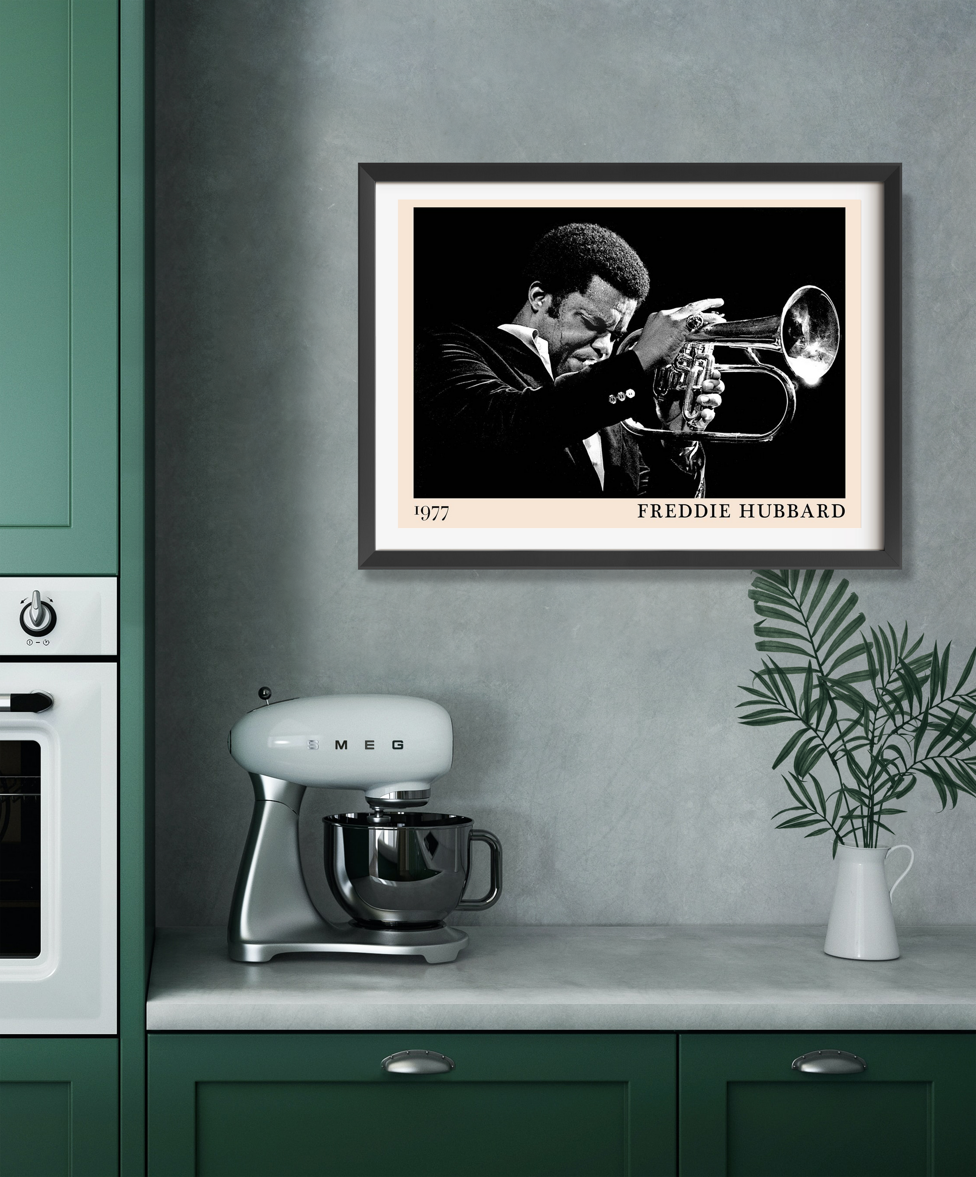 Freddie Hubbard Retro Jazz Print in landscape 22 mount, black and white trumpet portrait framed on modern kitchen wall.