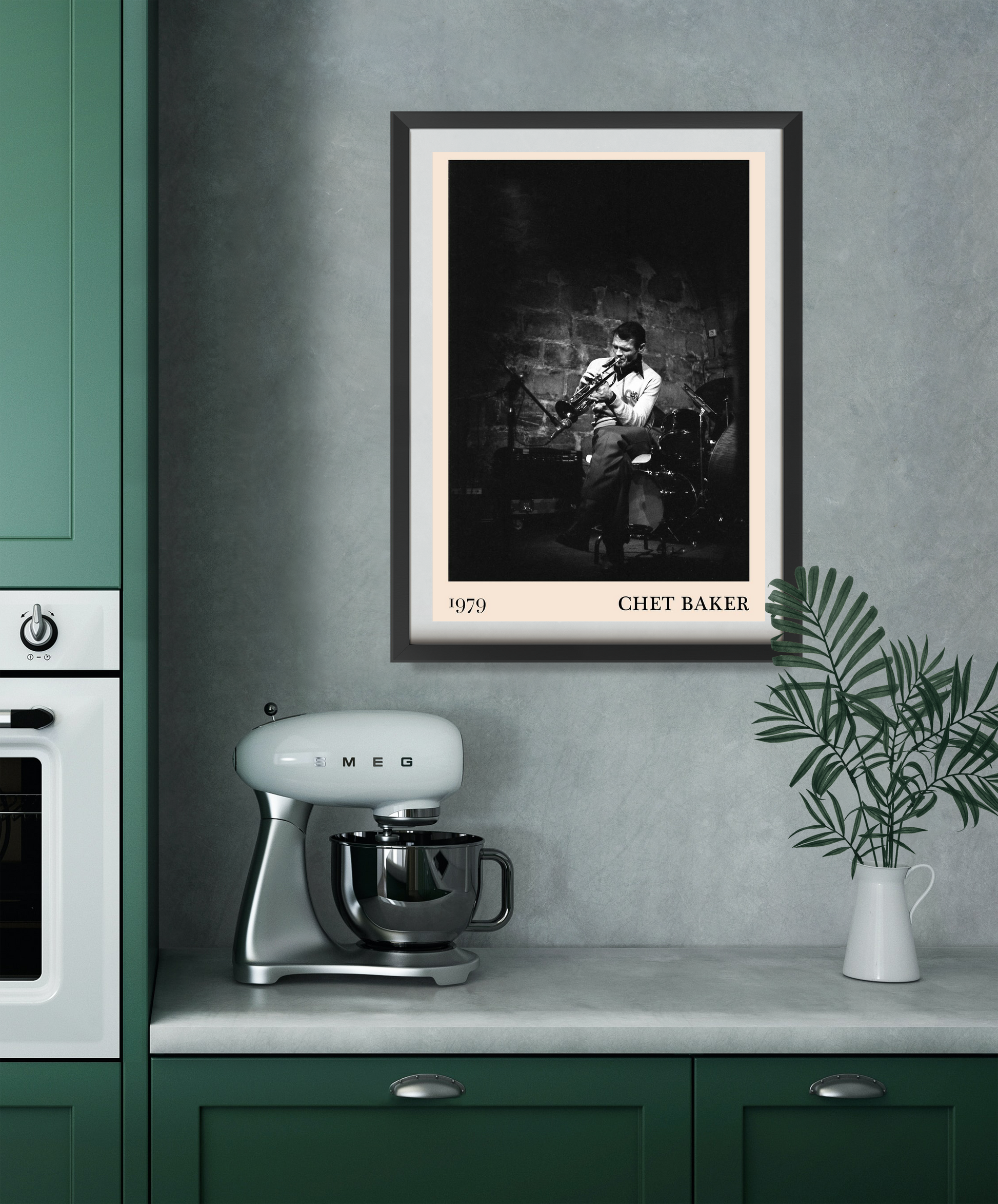 Chet Baker vintage concert poster in Portrait 22 Mount mockup, black and white jazz design above modern kitchen counter.