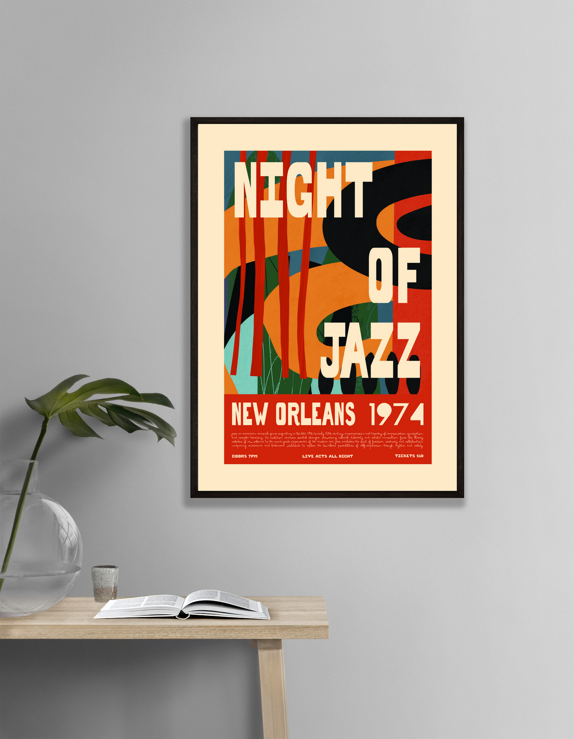 Retro Night of Jazz New Orleans 1974 Poster – Abstract Vintage Wall Art Print - Mockup