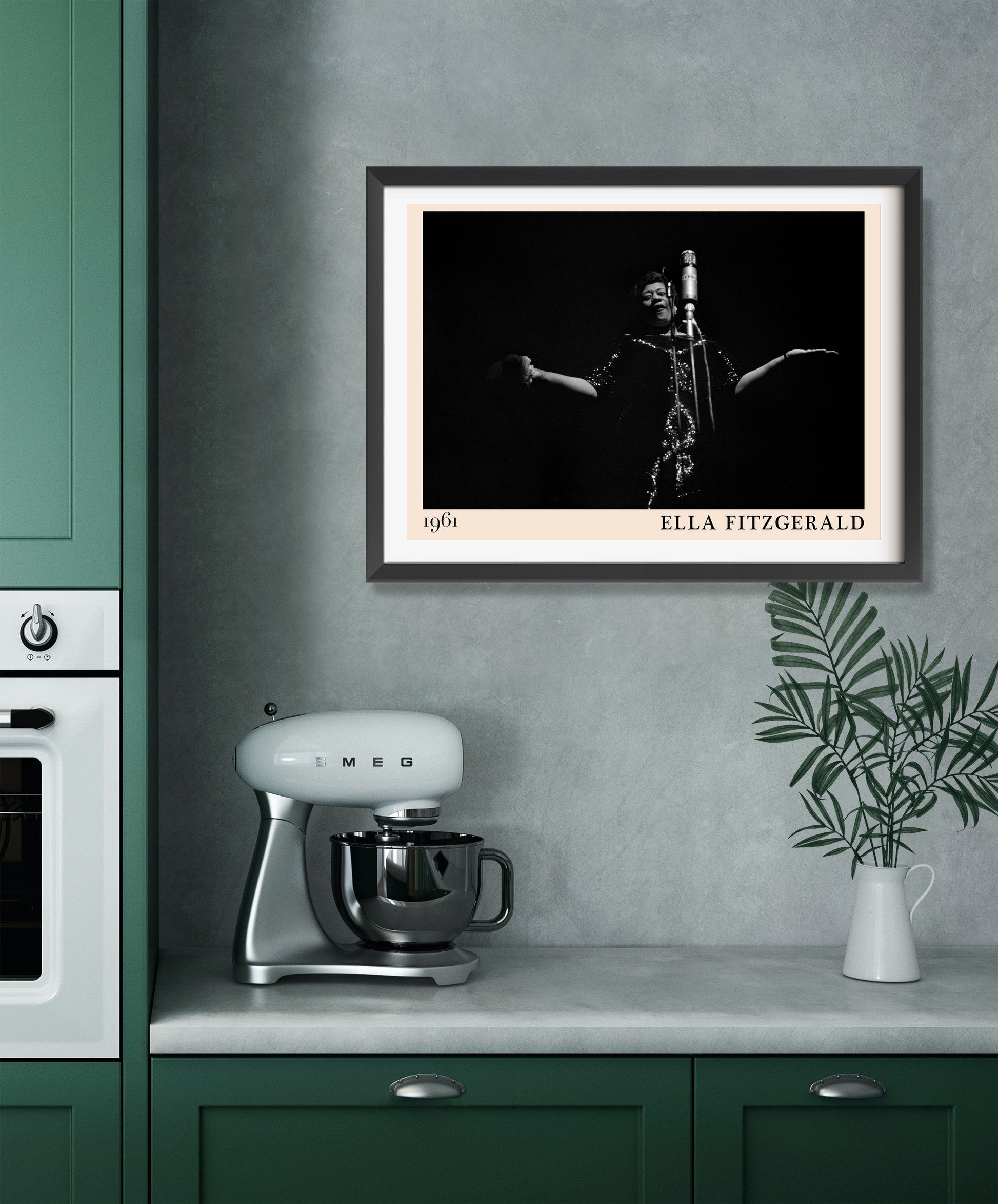 Ella Fitzgerald vintage concert poster in a landscape 22 mount, black and white design framed above a modern kitchen counter.