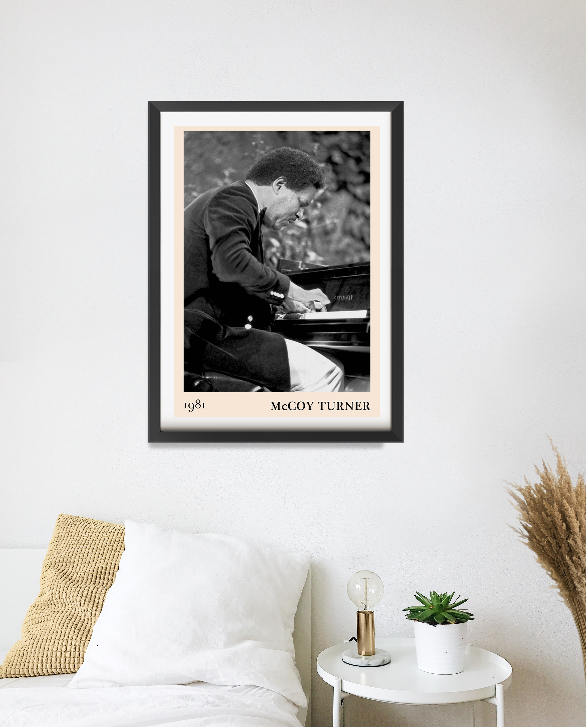 McCoy Turner Jazz Piano Print in portrait 20 mount, black and white pianist artwork above a modern white bedroom setup