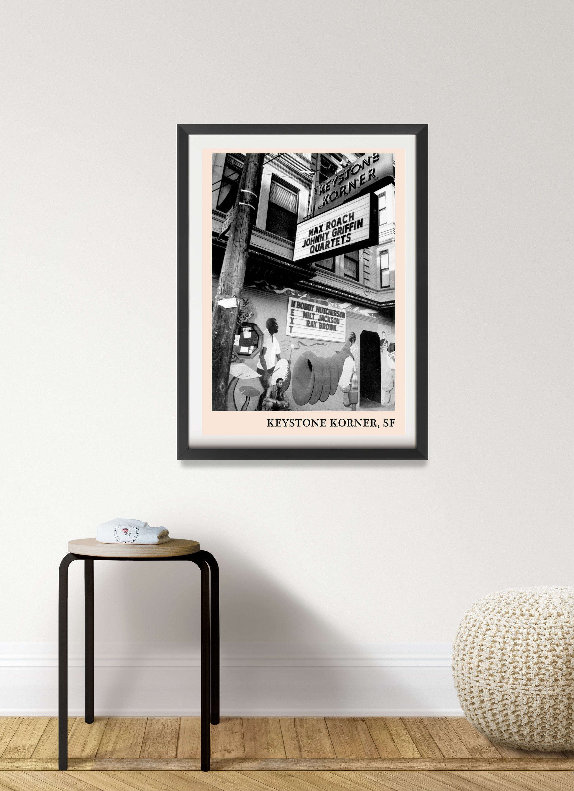 Keystone Korner Jazz Club Poster in a black frame on a portrait mount, featuring a vintage black and white club scene.