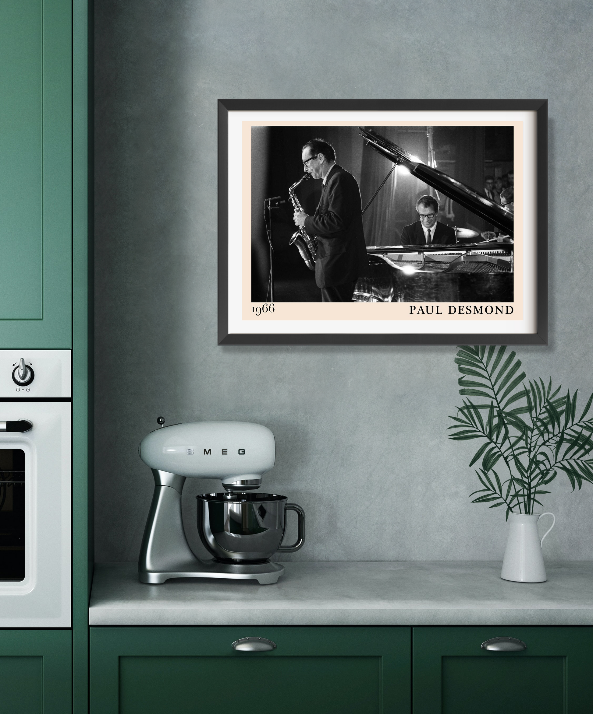 Paul Desmond Retro Jazz Poster in landscape 22 mount displayed in modern kitchen, features black and white jazz scene, 1966.