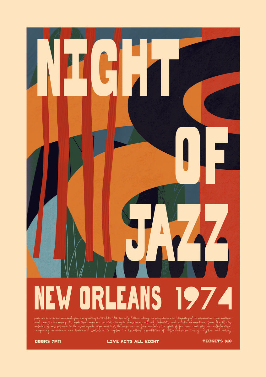 Retro Night of Jazz New Orleans 1974 Poster – Abstract Vintage Wall Art Print - Product image