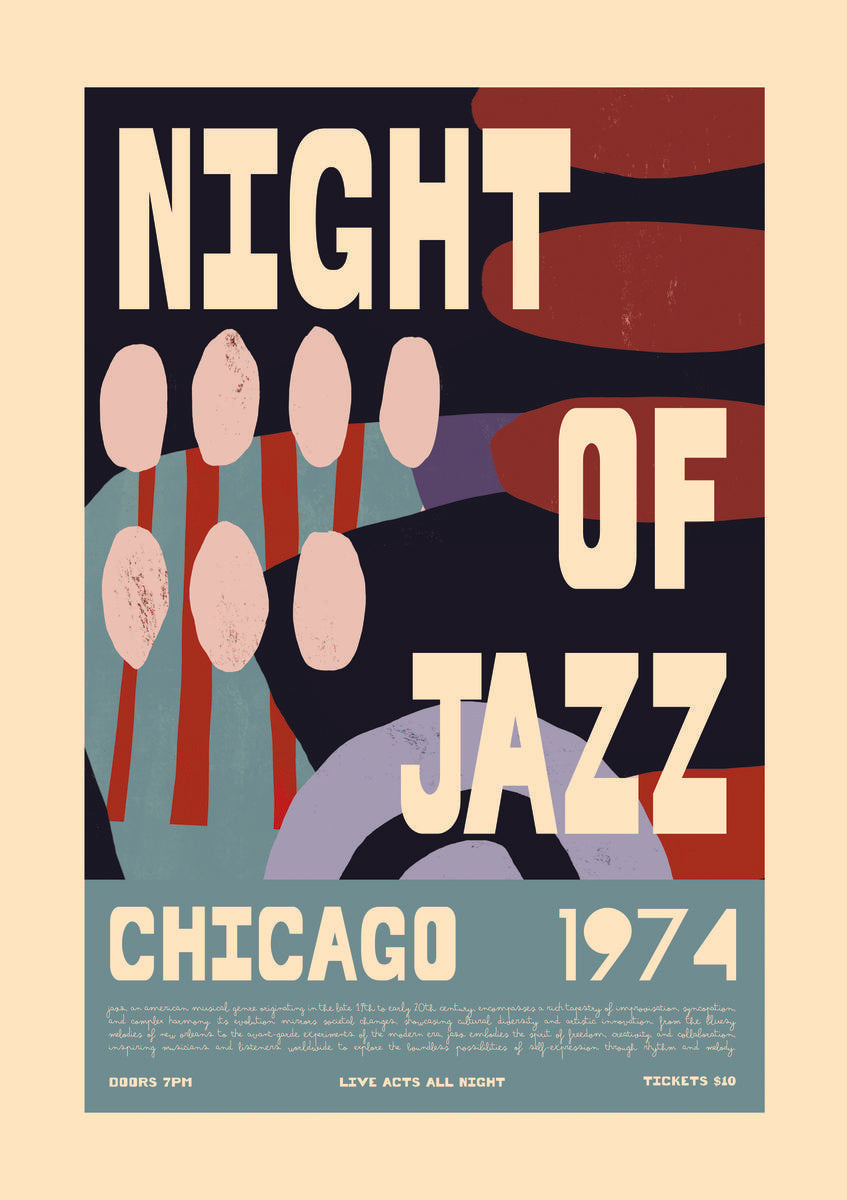 Vintage Jazz Poster – Night of Jazz Chicago 1974 Retro Wall Art Print - Product image