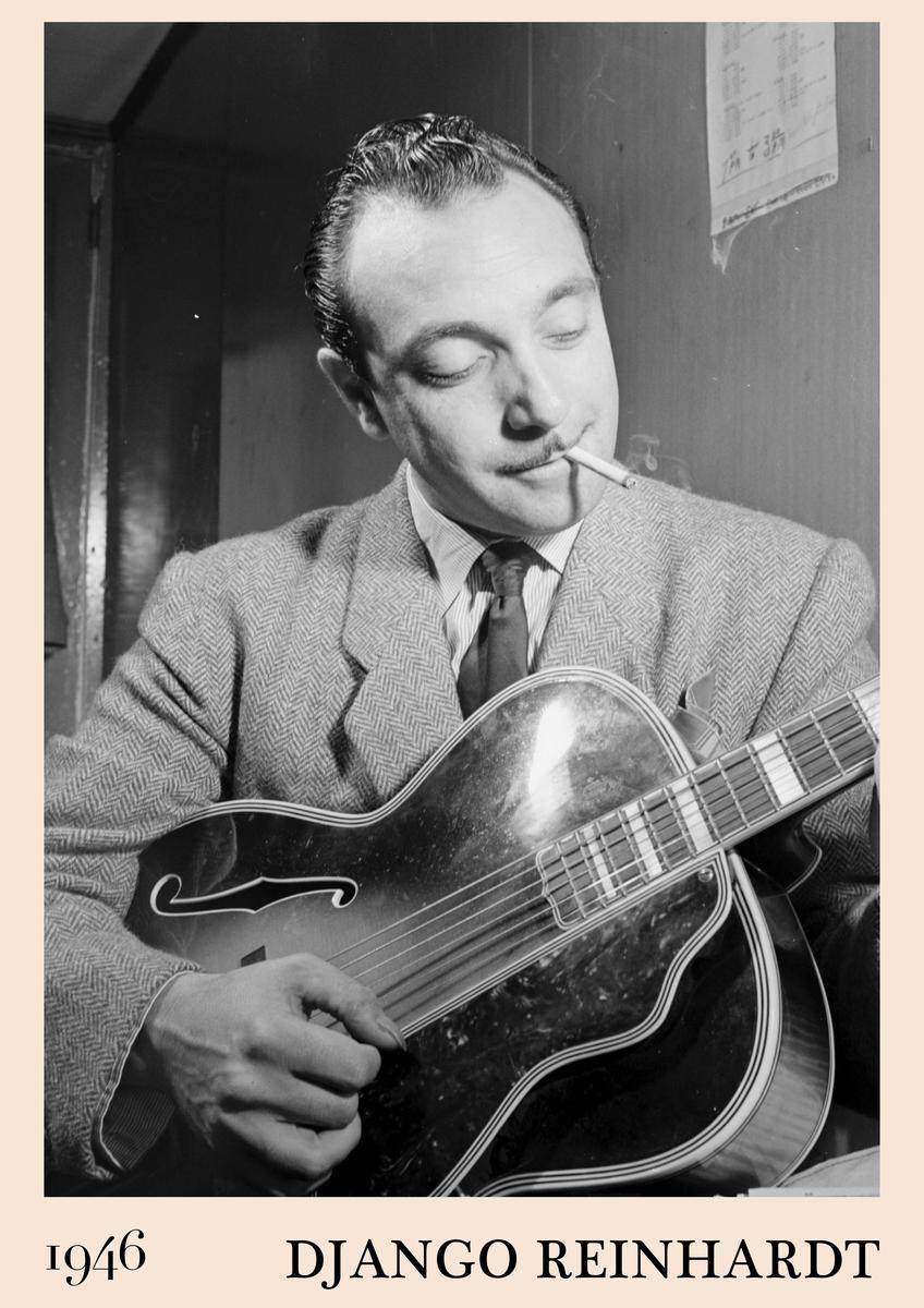 Poster featuring Django Reinhardt playing guitar in a 1946 black and white photo, sepia border, vintage jazz wall art for
