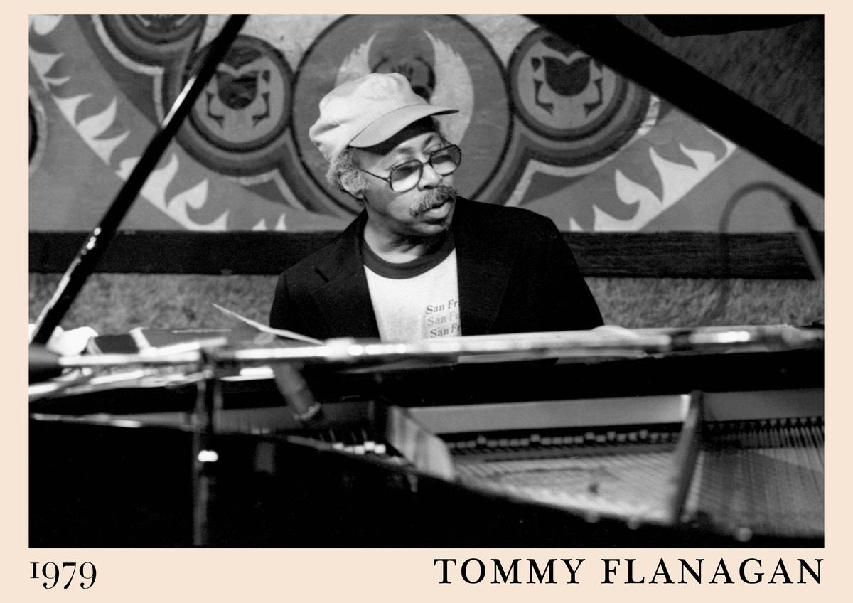 Poster featuring Tommy Flanagan at piano in 1979, black and white photo with abstract mural background, vintage jazz wall art