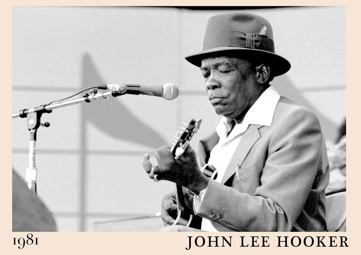 Poster featuring John Lee Hooker playing guitar and singing into a microphone, 1981, black and white, vintage blues music