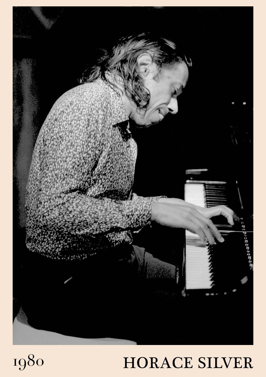 Poster print showing Horace Silver at piano in 1980, black and white photo with retro beige border, perfect for jazz wall