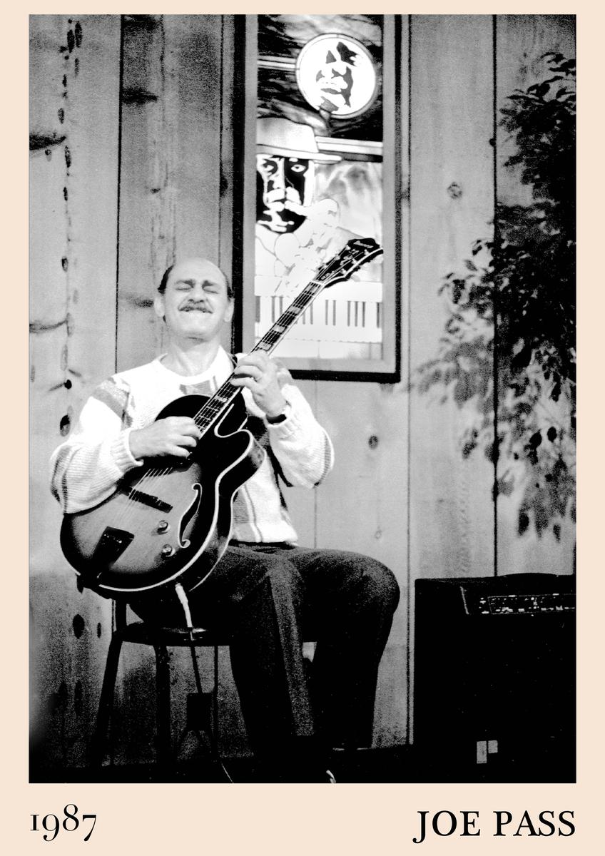 Poster featuring black and white photo of Joe Pass playing guitar in 1987, retro jazz wall art with vintage music decor,