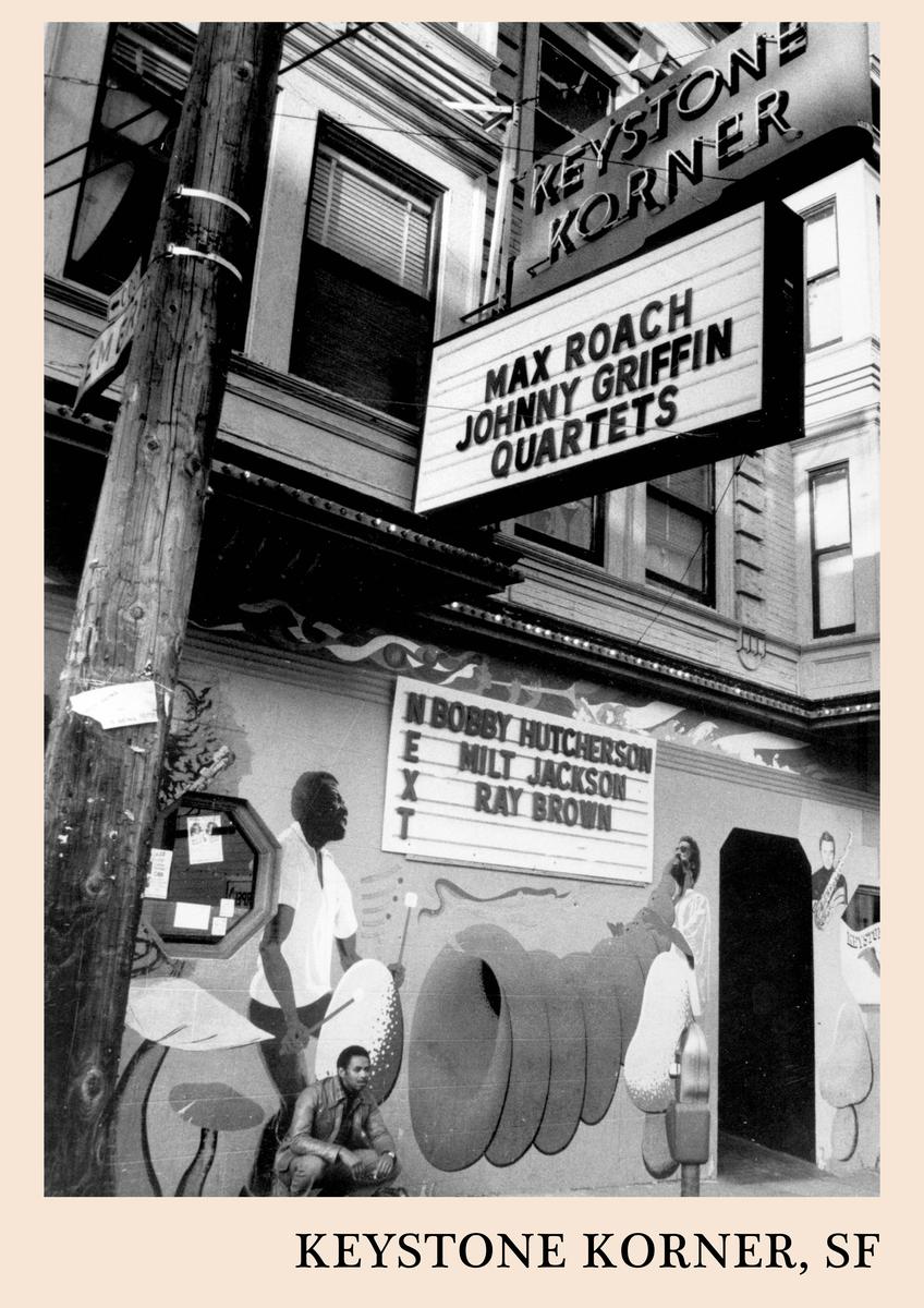 Poster of Keystone Korner jazz club exterior, vintage black and white photo, marquee with musician names, mural of jazz