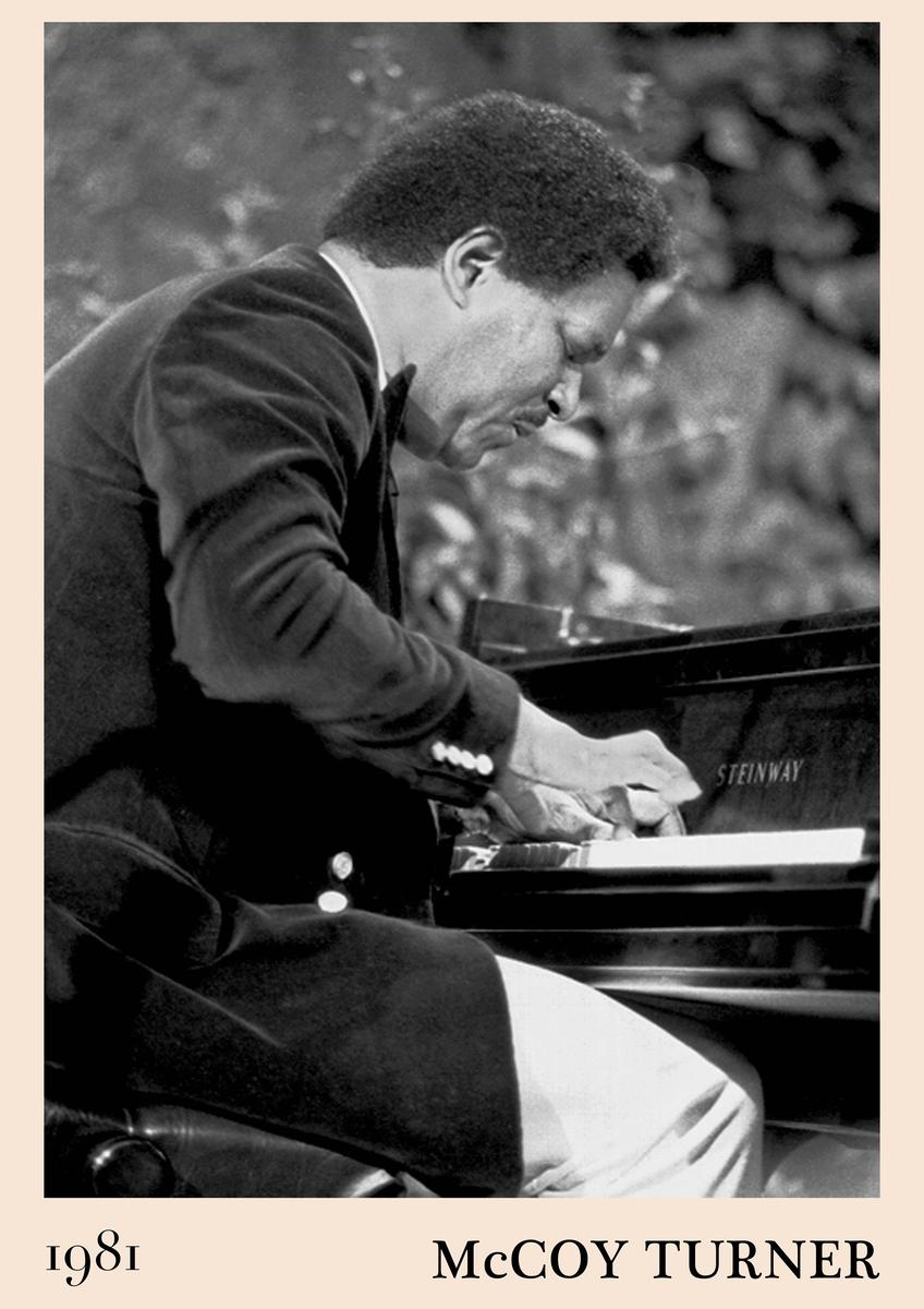 Poster featuring a black-and-white photo of McCoy Turner playing Steinway piano, 1981, retro jazz wall art with vintage