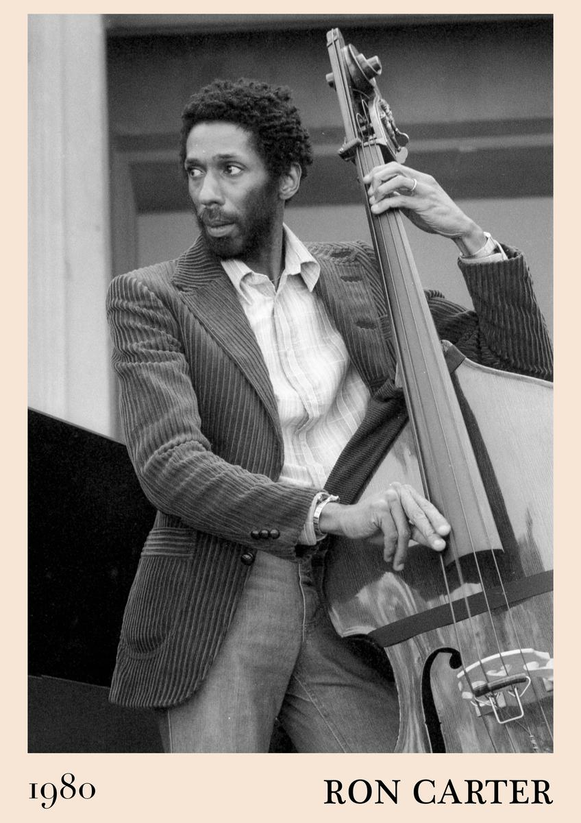 Poster featuring black and white photo of Ron Carter playing upright bass, 1980 text, retro jazz style, beige border,