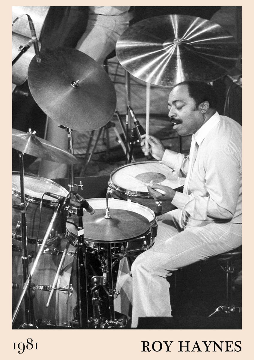 Framed poster shows Roy Haynes drumming in a 1981 jazz concert, black and white photo with beige border, classic retro music