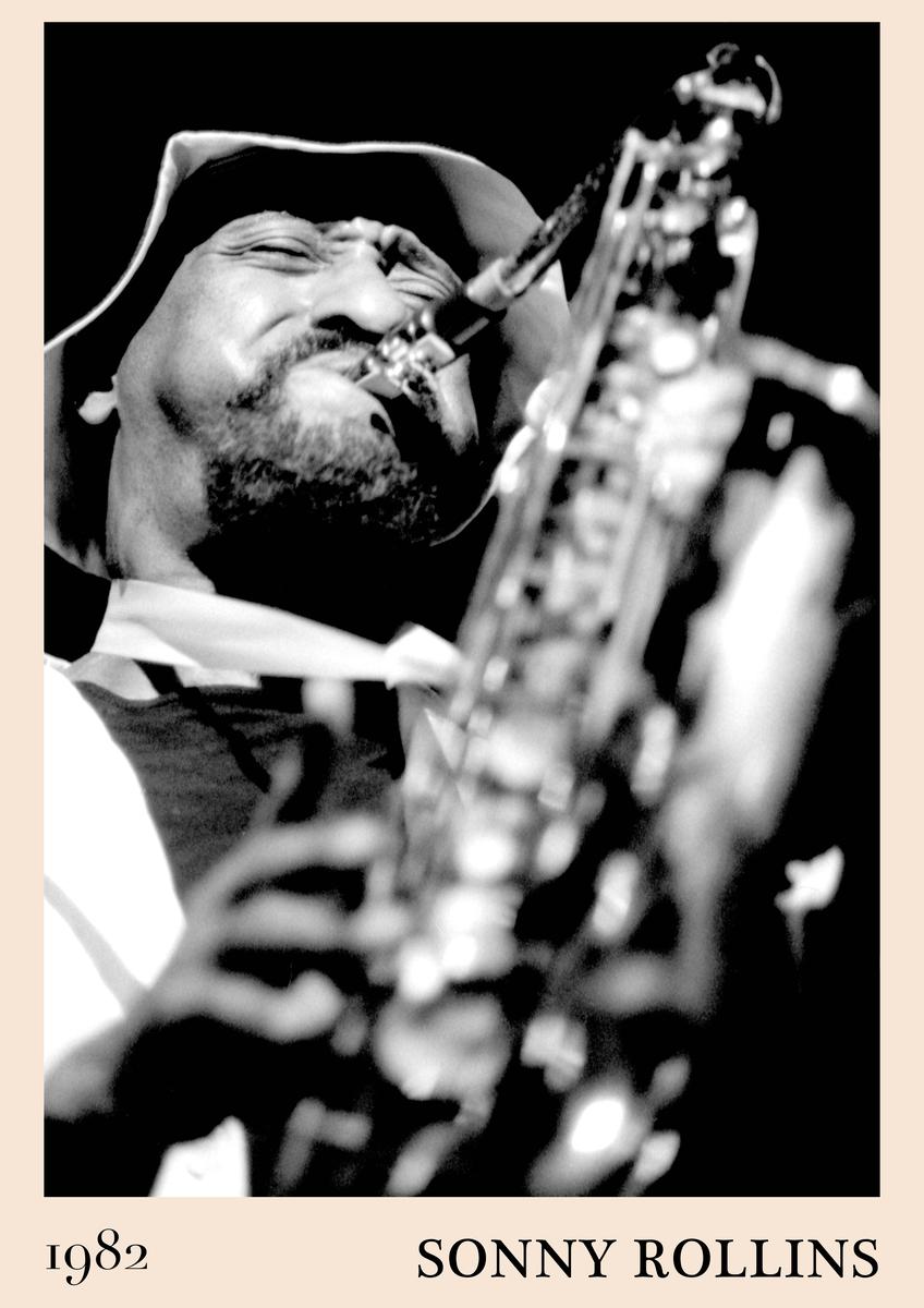Poster featuring a black and white close-up of Sonny Rollins playing saxophone, 1982, with bold retro border and classic