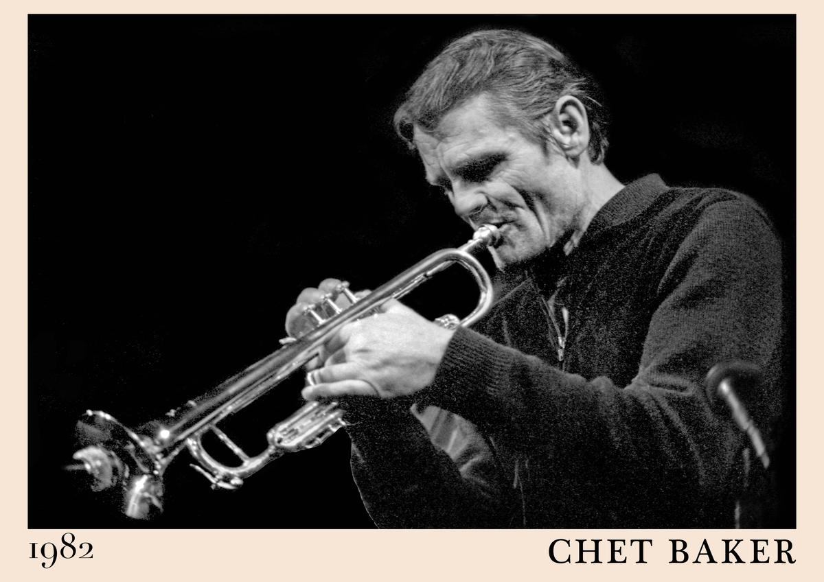 Poster featuring a black and white photo of Chet Baker playing trumpet, beige border with “1982” and “CHET BAKER”, vintage