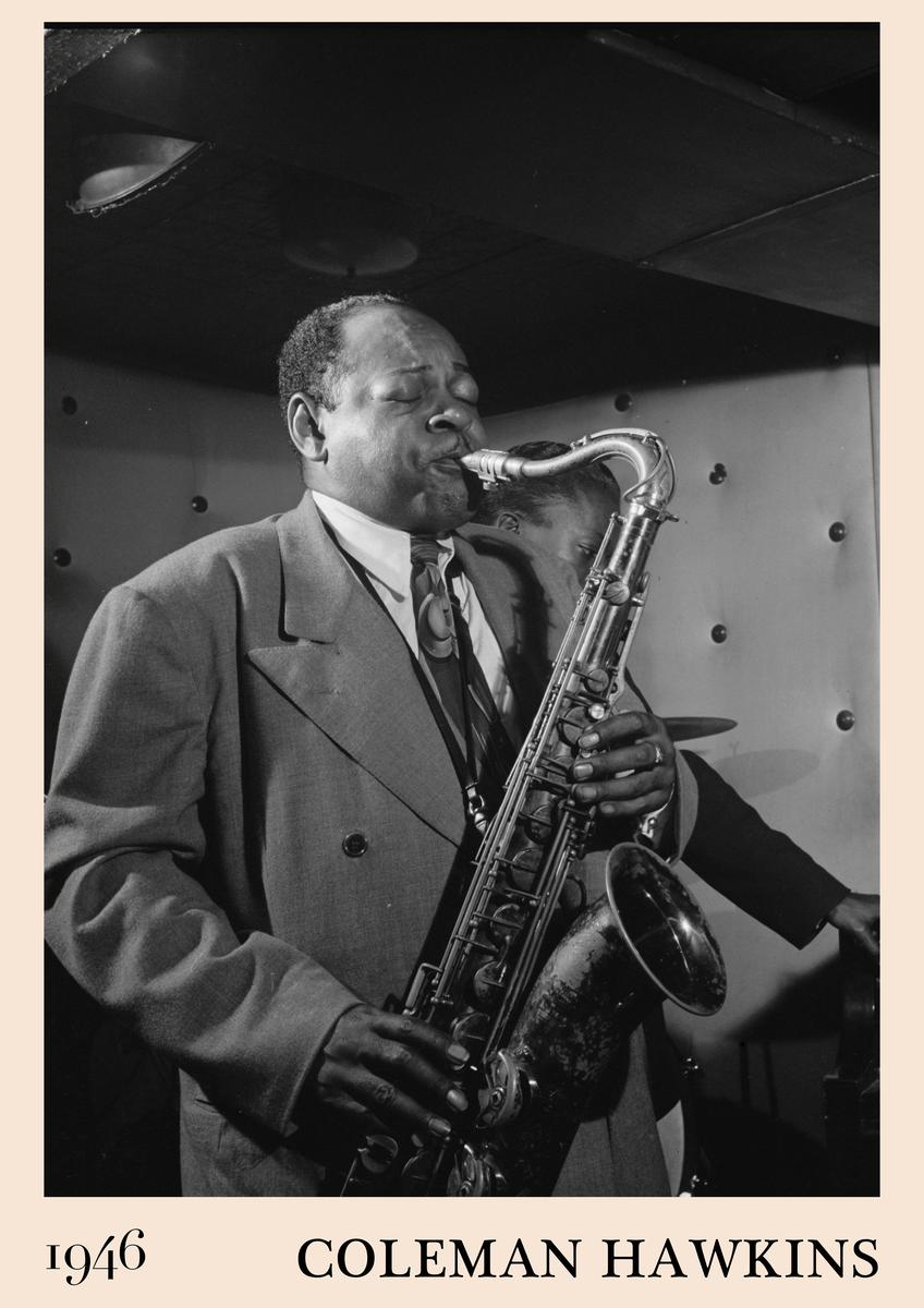 Poster of Coleman Hawkins playing saxophone in a 1946 jazz concert, black and white photography, retro style, perfect for