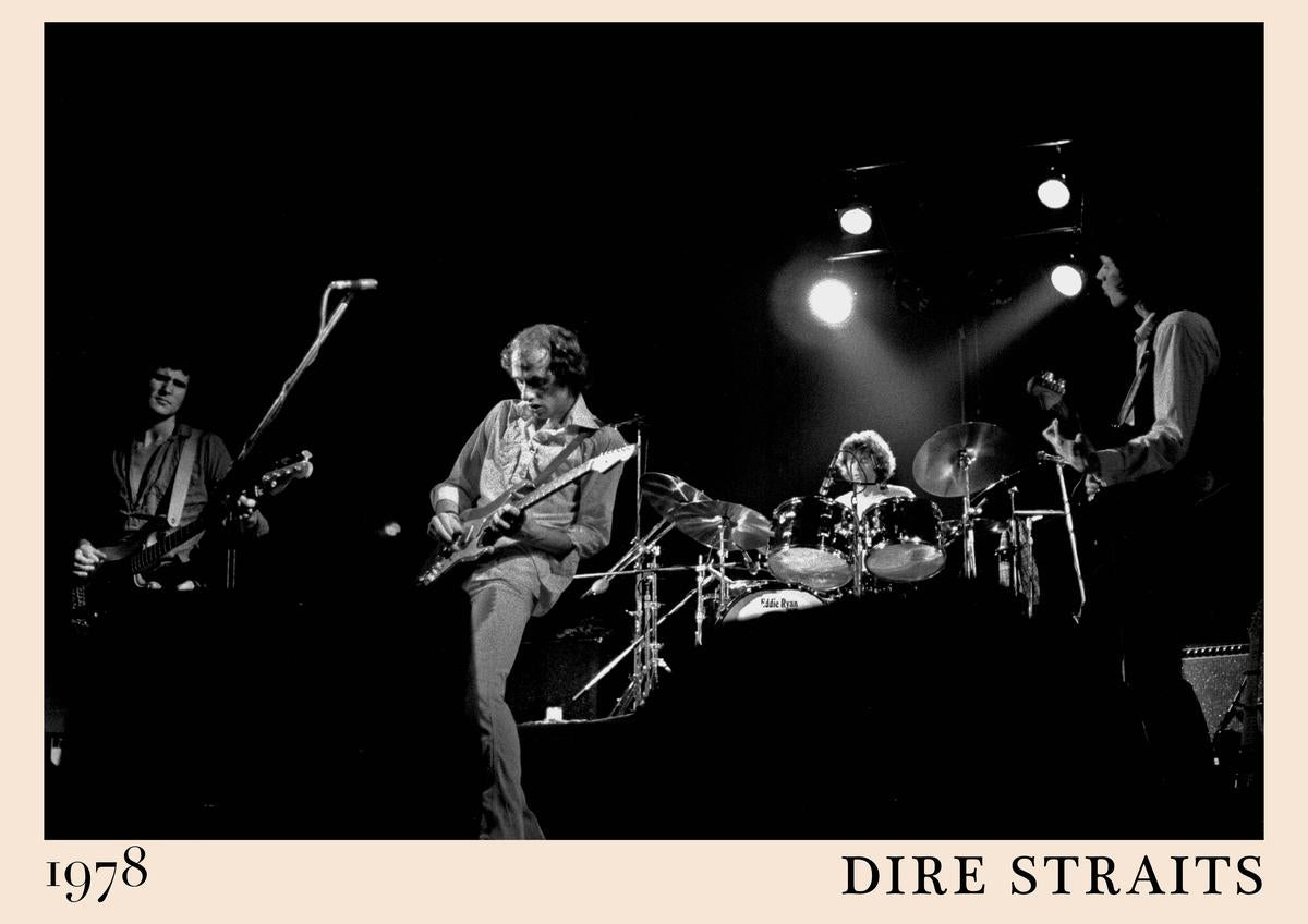 Poster featuring black and white 1978 Dire Straits live concert photo, four band members on stage, bold retro border, framed
