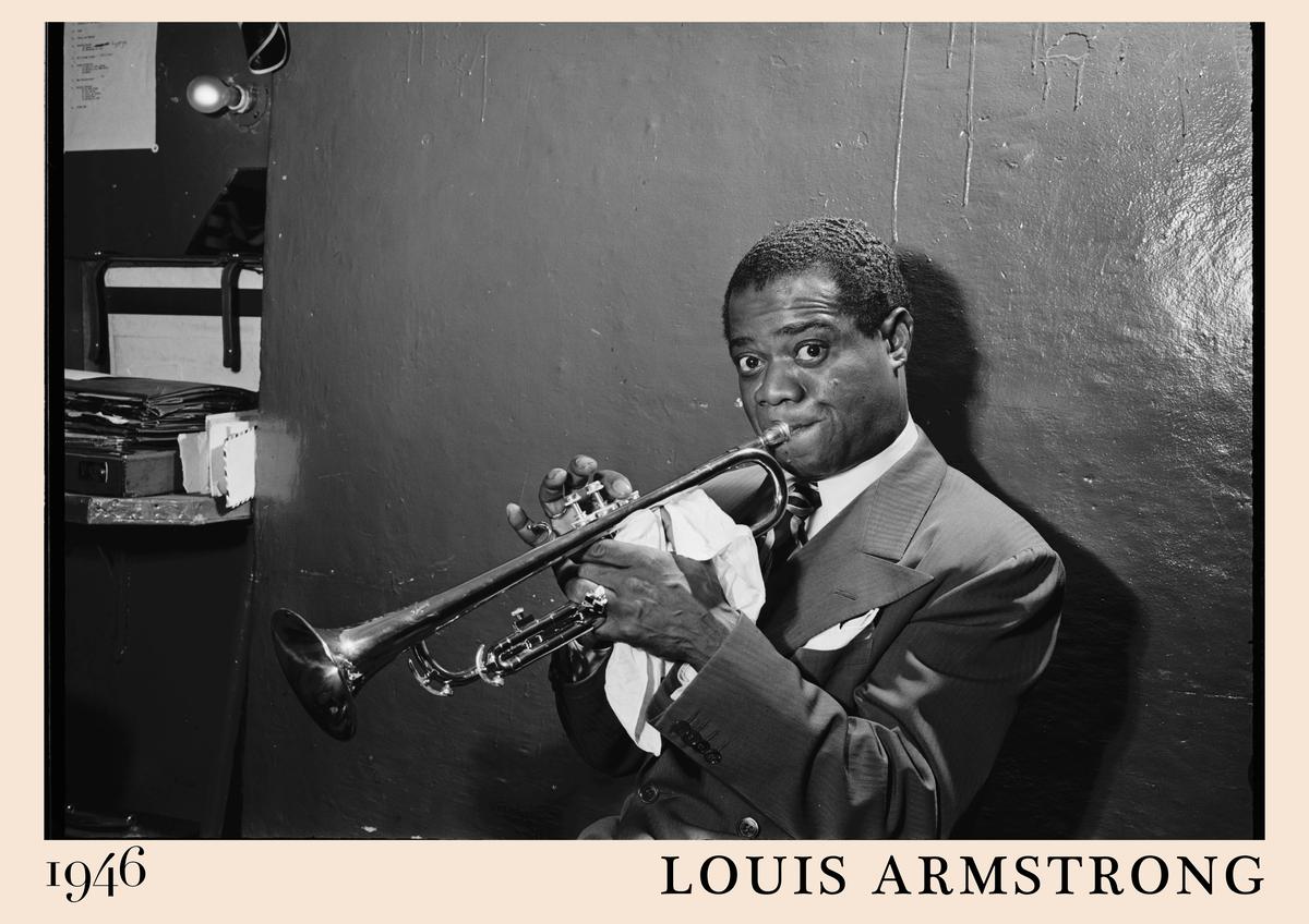 Poster featuring Louis Armstrong playing trumpet in a 1946 black and white photo, vintage jazz wall art with retro cream