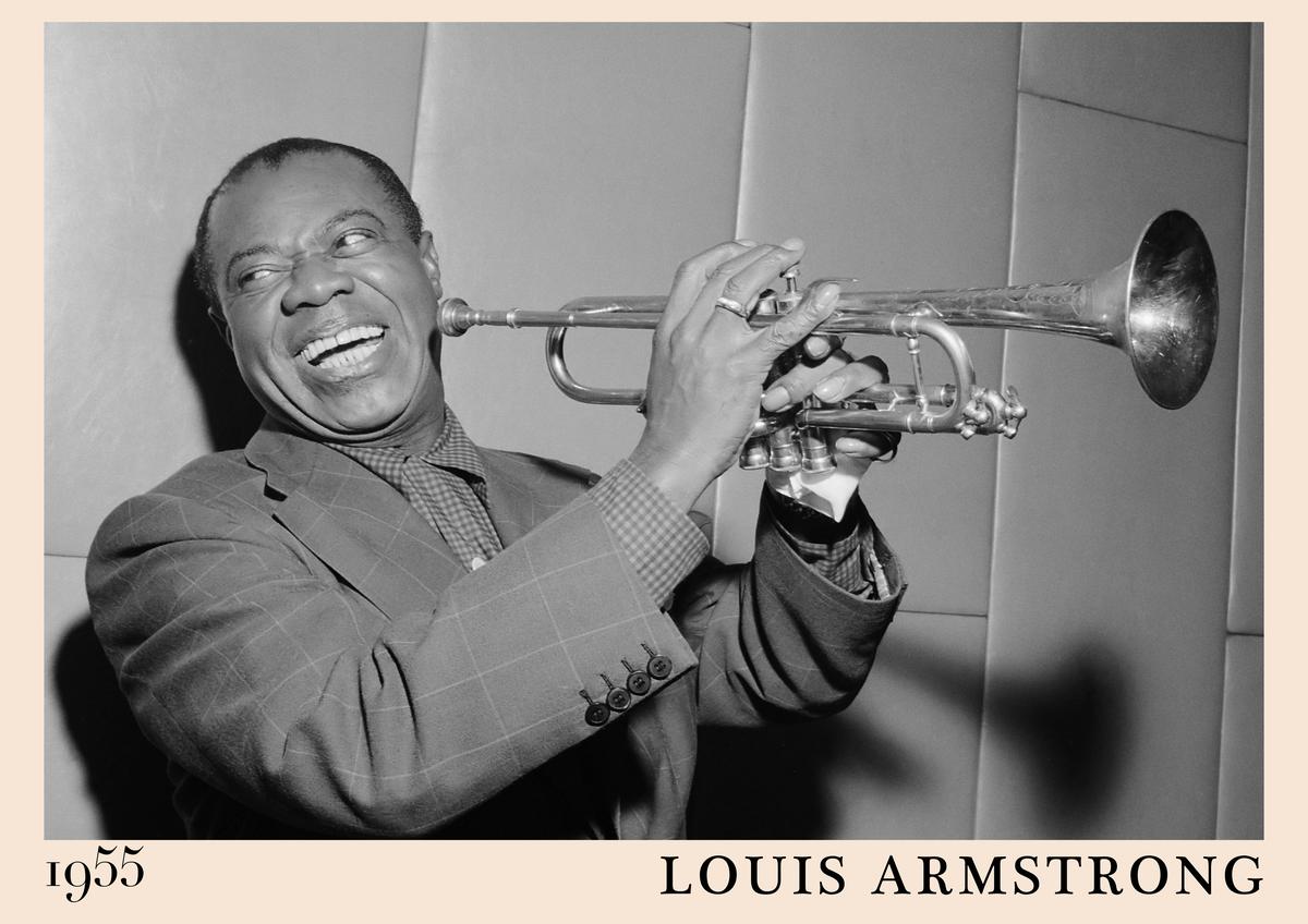 Poster featuring Louis Armstrong playing trumpet, black and white 1955 retro jazz portrait, bold text, beige border, perfect