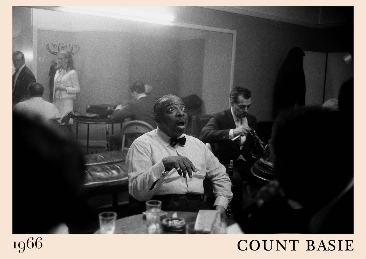 Poster showing Count Basie in a candid 1966 jazz lounge scene, black and white style, retro text border, perfect for vintage