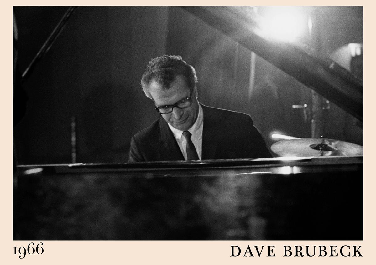Poster featuring black and white 1966 photo of Dave Brubeck playing piano, retro border, vintage jazz wall art, classic