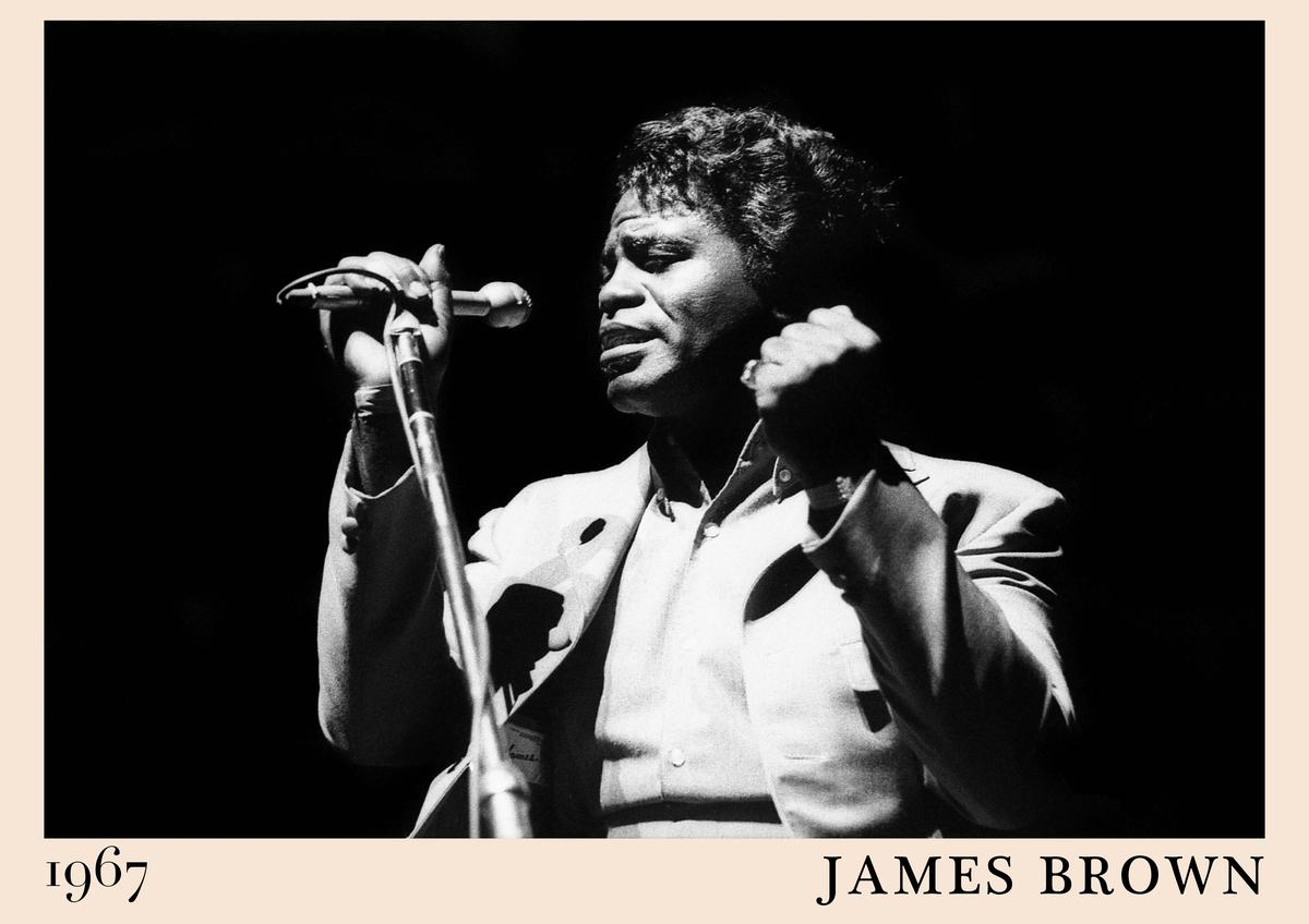 Poster featuring James Brown singing on stage in 1967, black and white retro jazz design with bold text, perfect for vintage