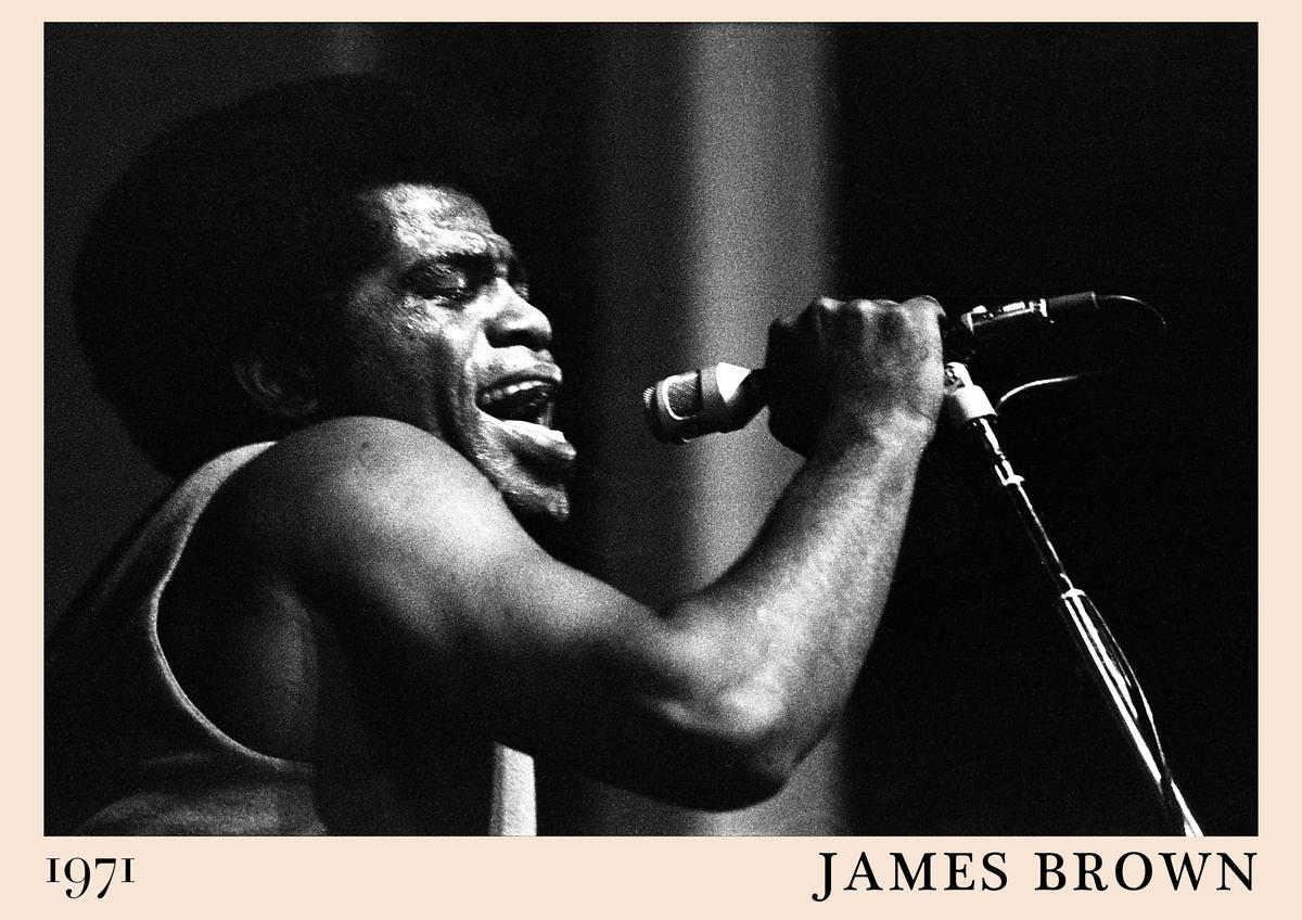 Poster features black-and-white photo of James Brown singing into a microphone, 1971 date, vintage beige border, retro soul