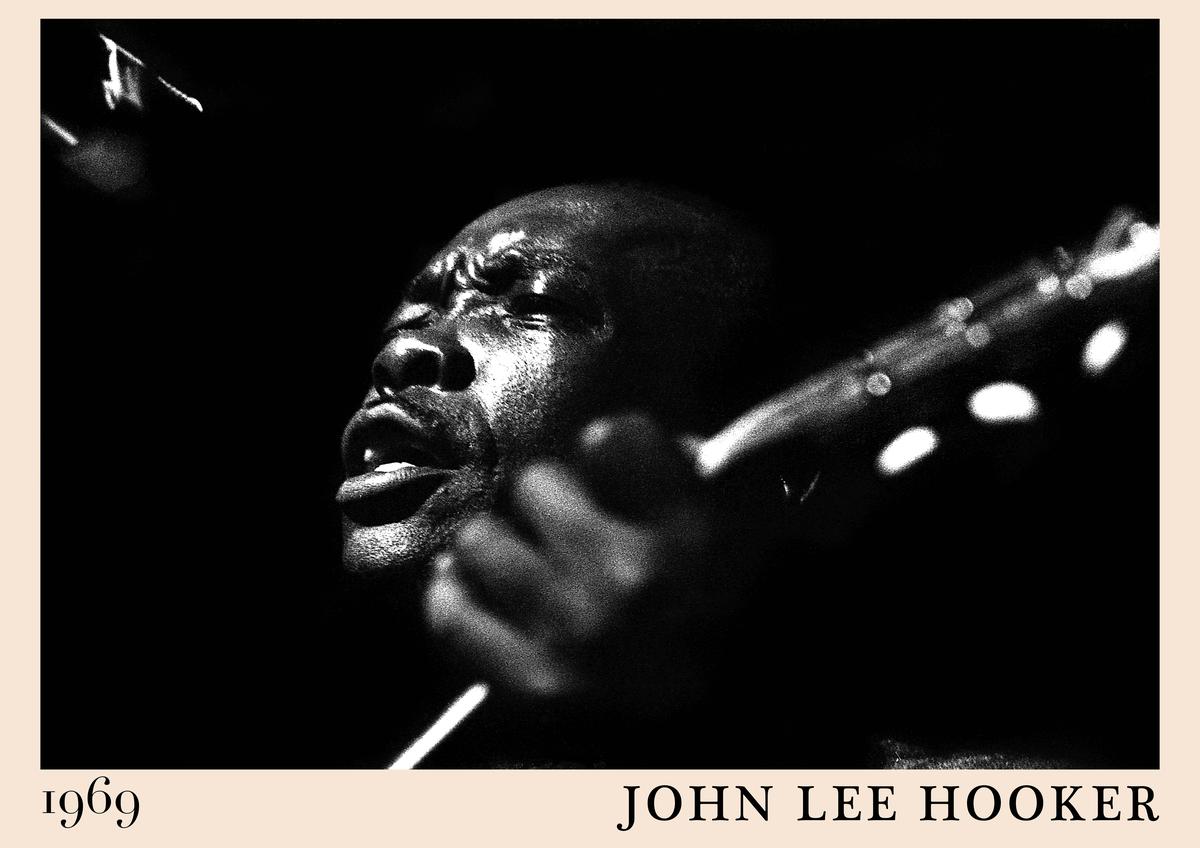 Poster featuring John Lee Hooker performing in 1969, black and white close-up with guitar, vintage retro jazz wall art with