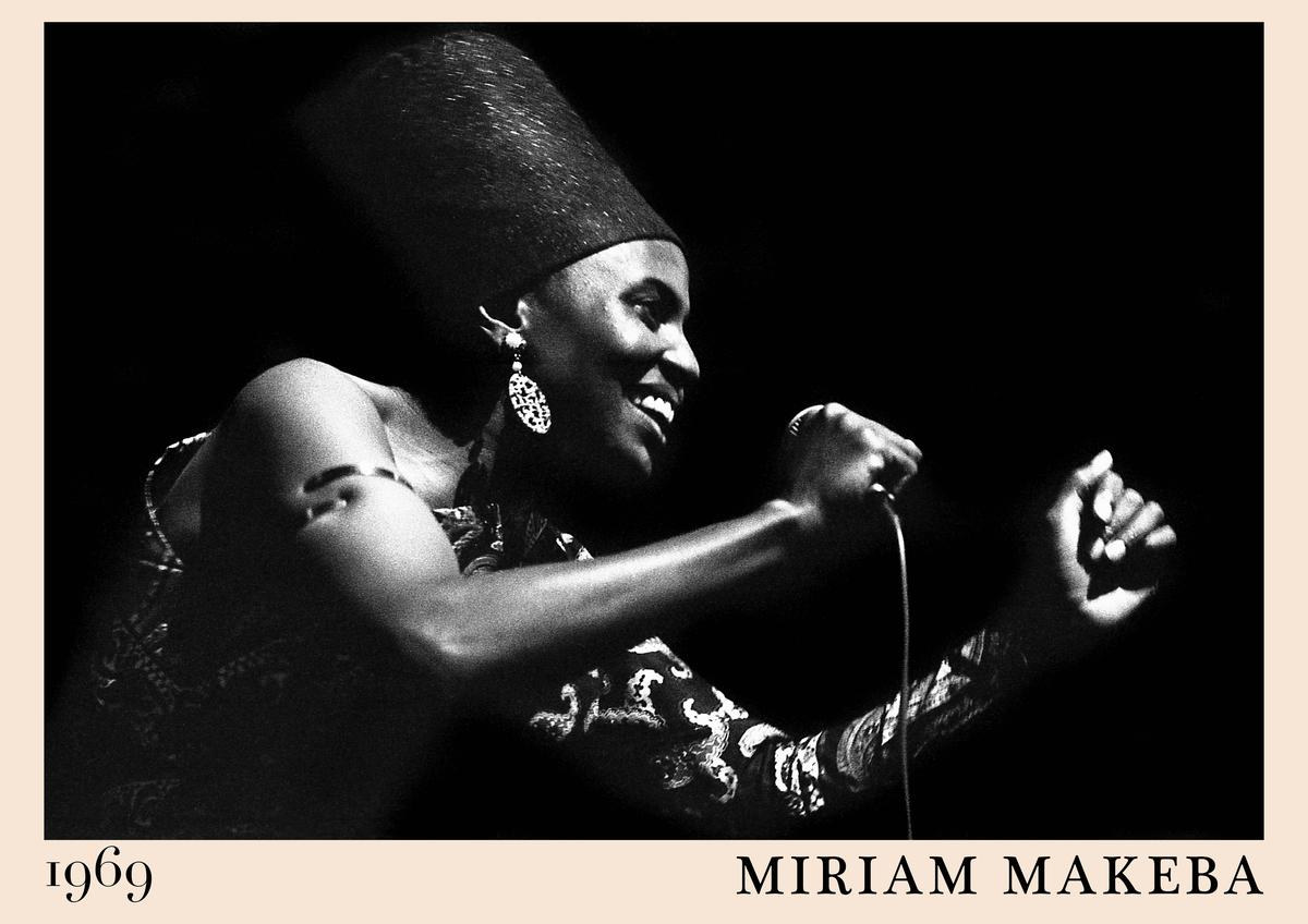Poster featuring a black and white photo of Miriam Makeba singing on stage, 1969 date, vintage border, bold text, framed
