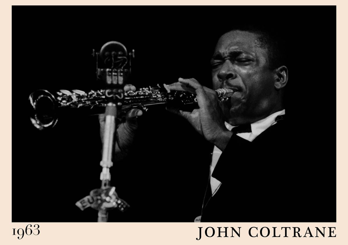 Poster with black and white photo of John Coltrane playing saxophone, vintage 1963 style, bold retro border and classic jazz