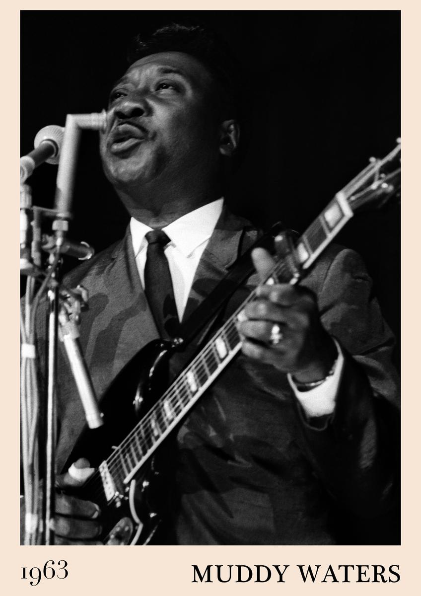 Poster featuring black-and-white photo of blues musician singing and playing guitar, 1963 date and Muddy Waters name in bold