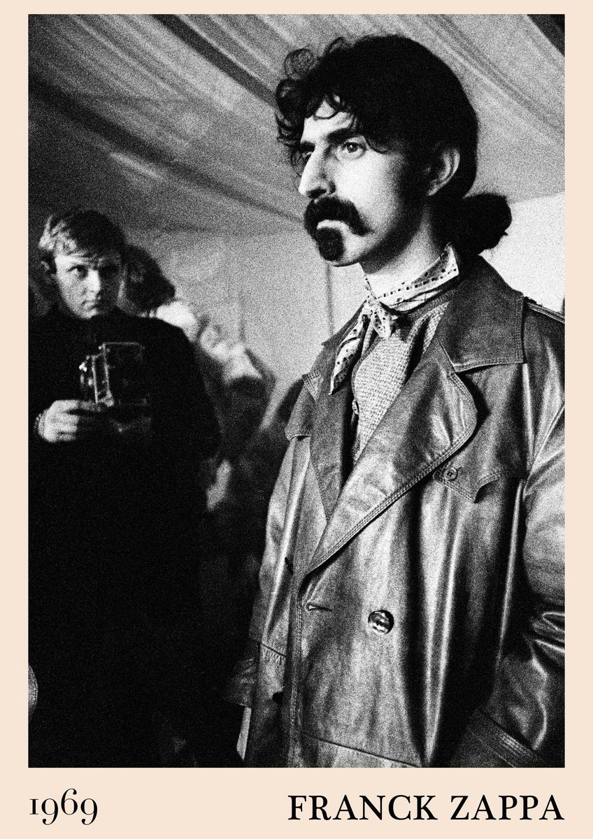 Poster featuring black and white photo of Franck Zappa in a retro trench coat, 1969, vintage concert style, bold text and