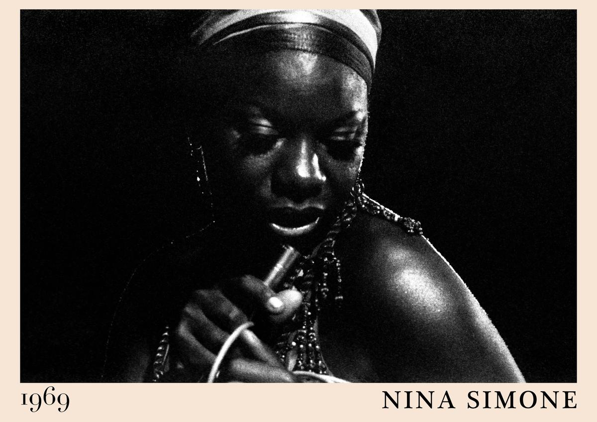 Poster featuring Nina Simone in a dramatic black and white 1969 concert portrait with beige border and retro serif text,