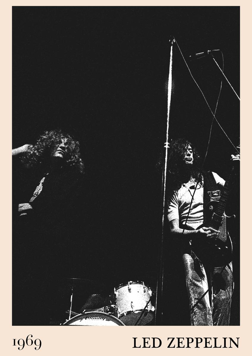 Framed Led Zeppelin vintage rock poster featuring black and white 1969 stage photo, cream border, dramatic lighting, classic