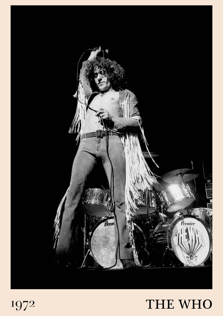 Poster featuring black and white 1972 concert photo of The Who’s lead singer on stage, fringe jacket, drums in background,