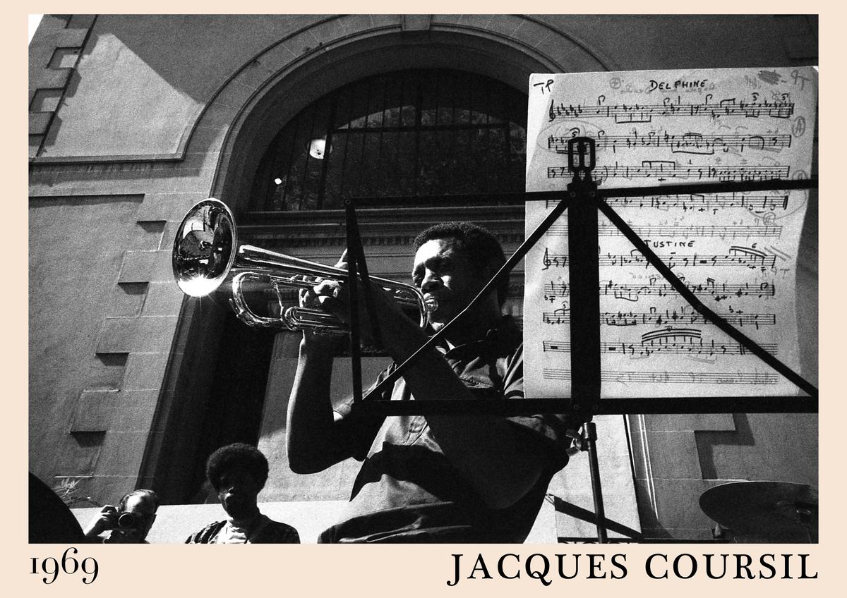 Poster featuring Jacques Coursil playing trumpet in 1969, black and white jazz scene, music sheet in foreground, vintage