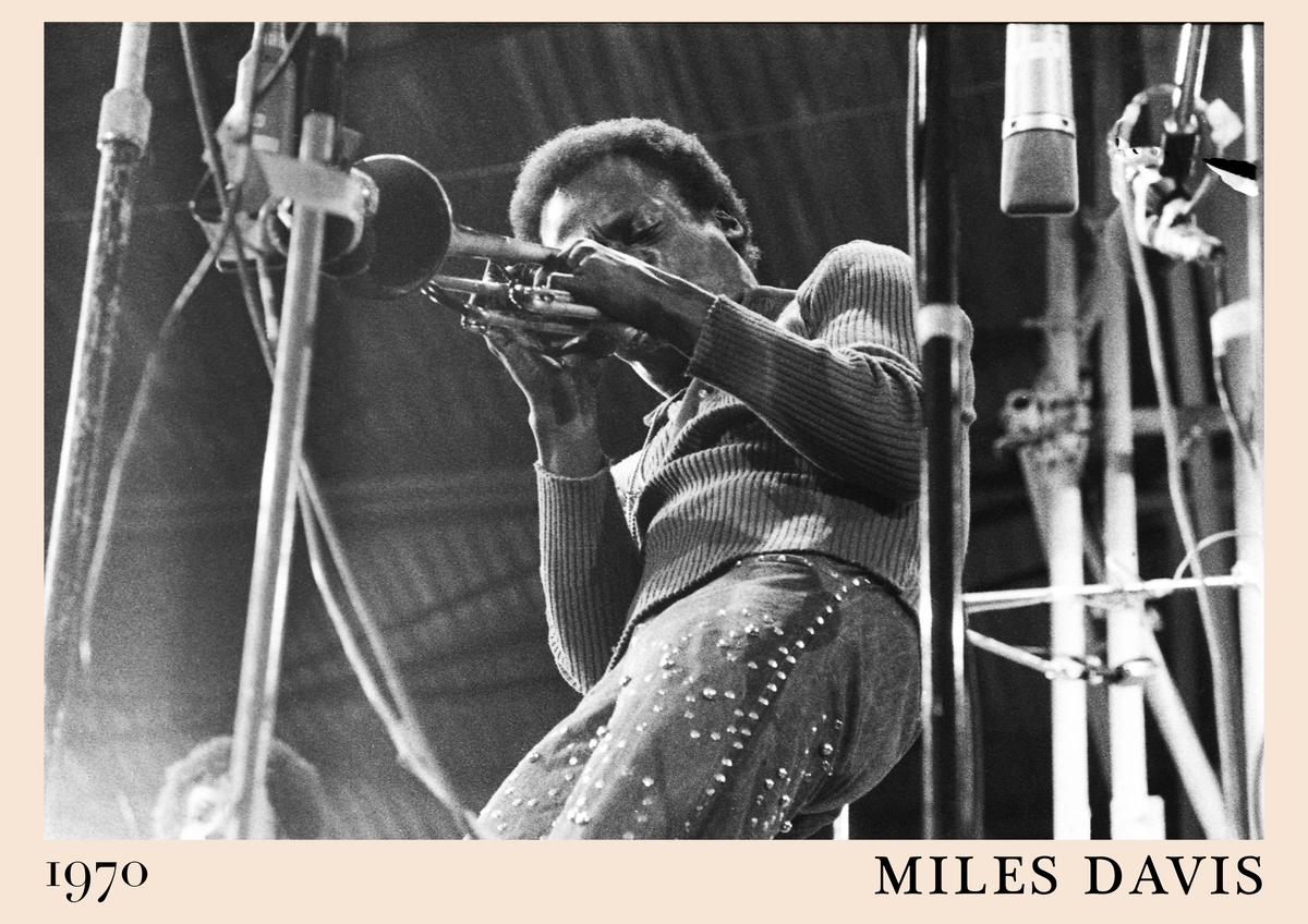Poster featuring Miles Davis playing trumpet at a 1970 jazz concert, black and white photography with retro style for