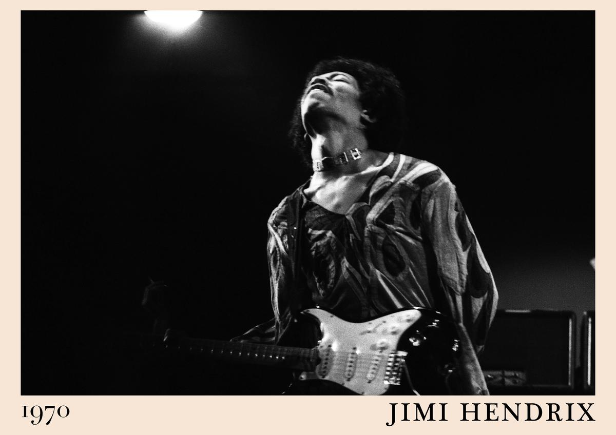 Poster featuring Jimi Hendrix playing guitar on stage in black and white, 1970 date, retro border, vintage concert wall art