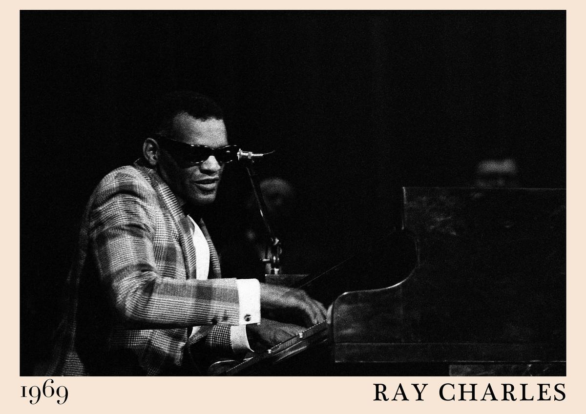 Poster featuring Ray Charles in a plaid jacket at piano, 1969 black and white jazz concert, retro beige border, classic