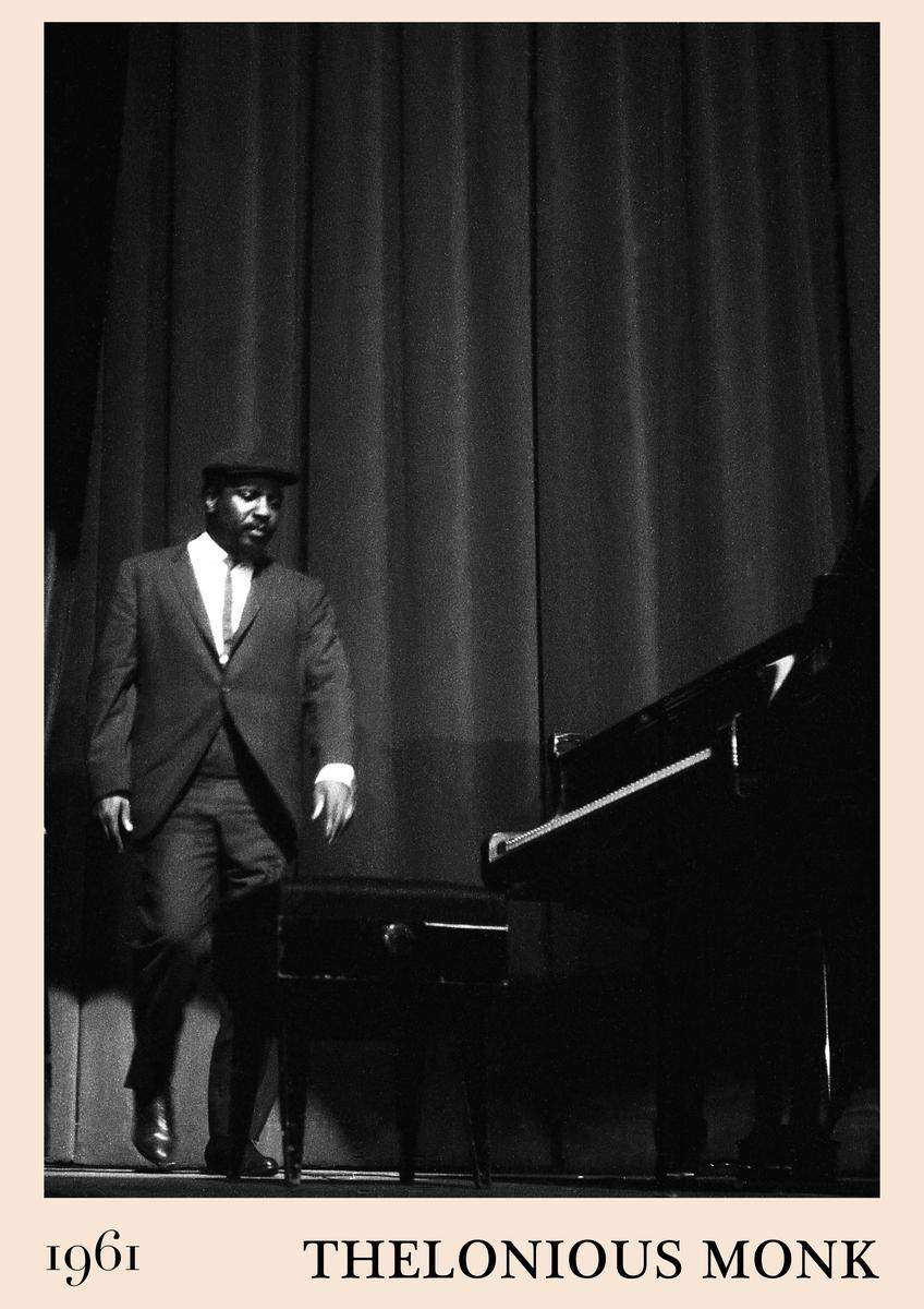 Poster featuring black and white photo of Thelonious Monk in suit and hat by piano, 1961, with retro minimalist border and