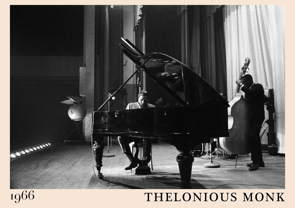 Poster of Thelonious Monk playing piano on stage in 1966, black and white photo, vintage jazz wall art with bassist, retro