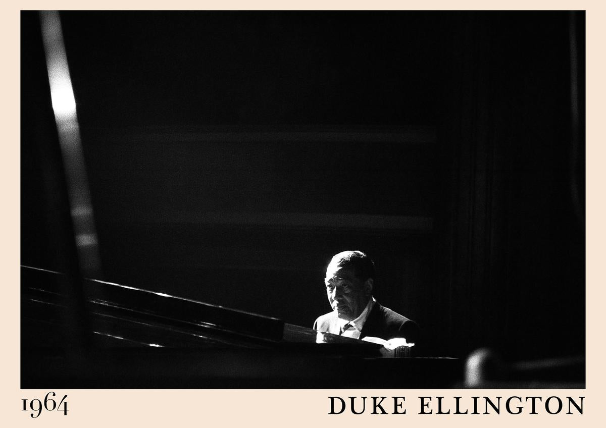 Poster featuring Duke Ellington at a piano in a dramatic black and white 1964 photo, retro border, and bold text for stylish